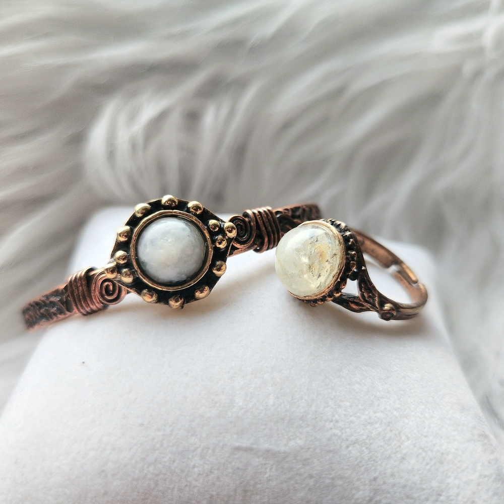 Handmade Copper and White Stone Jewelry Set Helenistic Bracelet&Ring Medieval